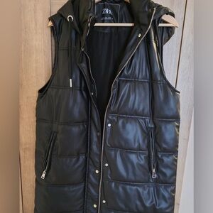 Zara Faux Leather Black Puffer Vest with Hood